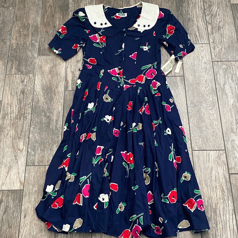 NWT Vintage 80s 90s Floral Tea Party Day Dress Size XL 13/14 Collar Garden